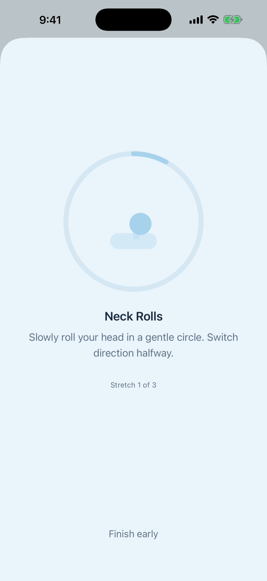 Dawn app — guided stretch session, Neck Rolls, stretch 1 of 3