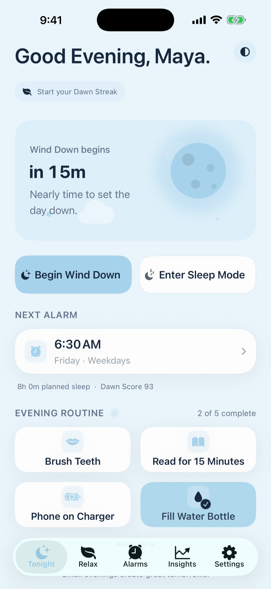 Dawn app — Tonight screen showing bedtime countdown, next alarm, and evening routine