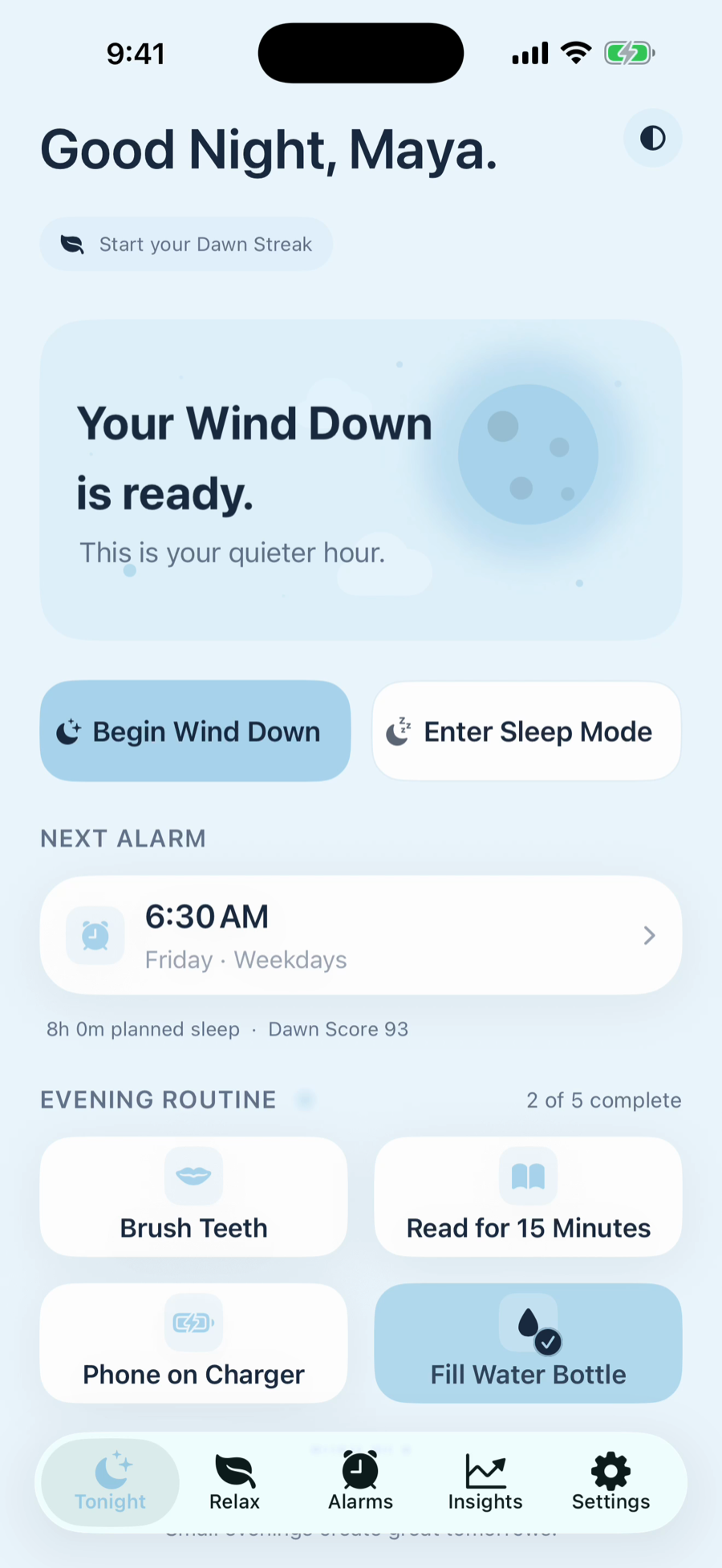 Dawn app — Wind Down ready screen